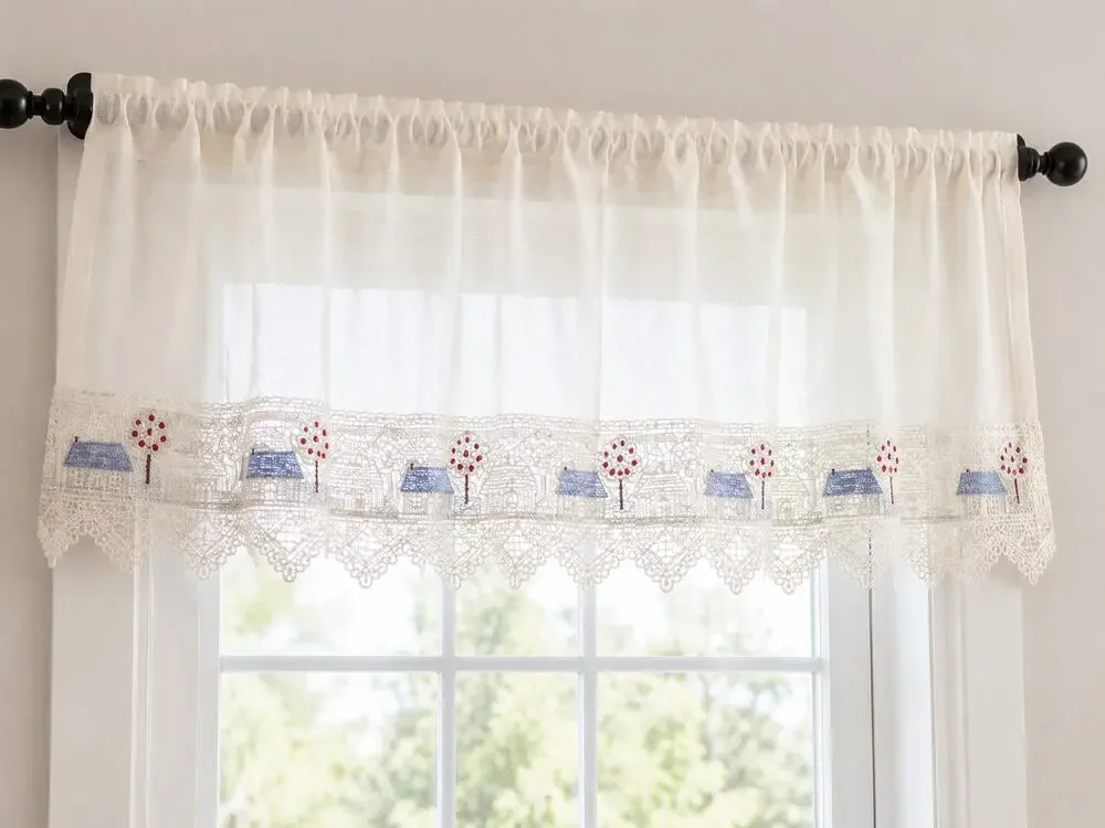 Cottage Village Lace Sheer Rod Pocket Window Valance Cream Blue Red 60x14